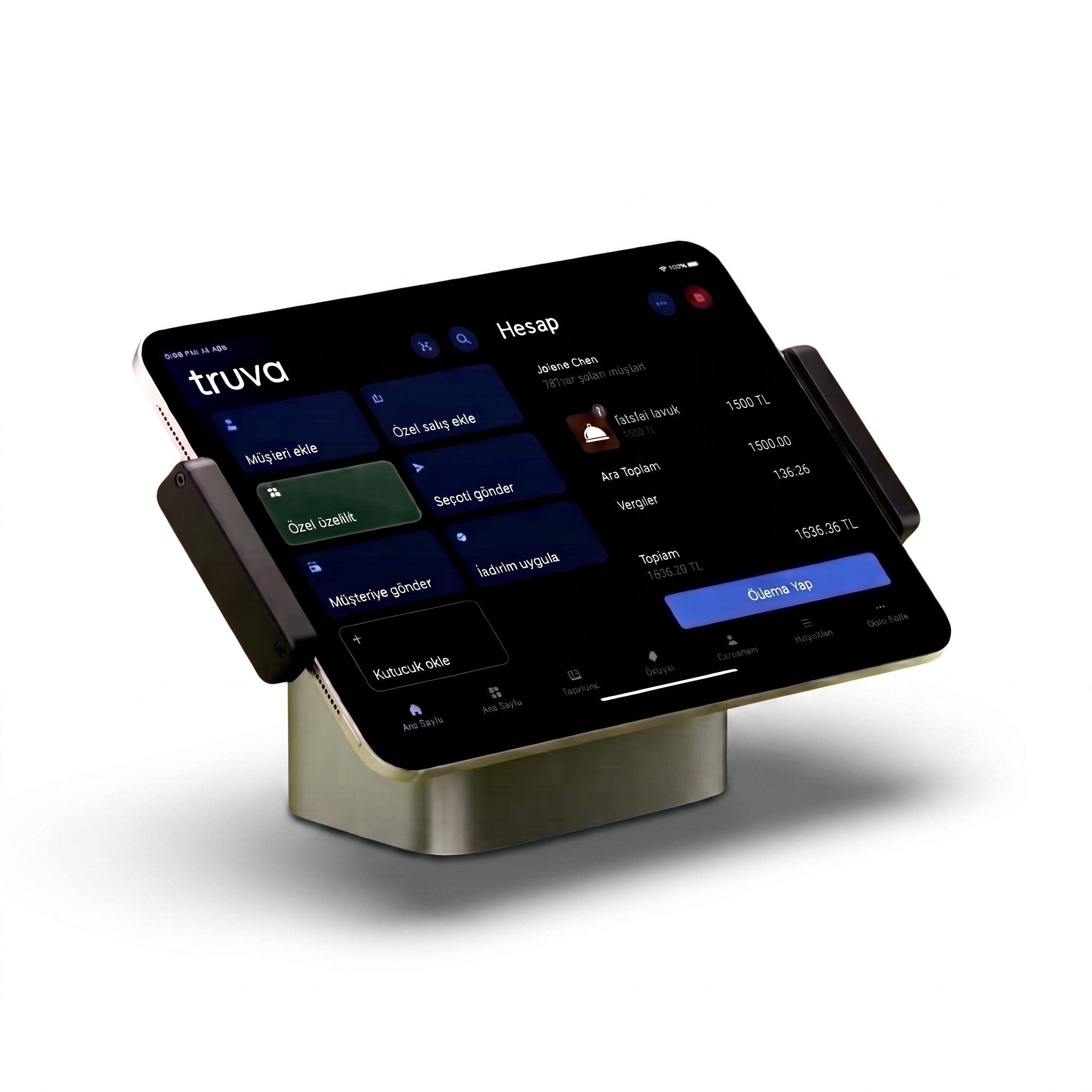 Truva POS cihazı — masada Truva Pay ekranı